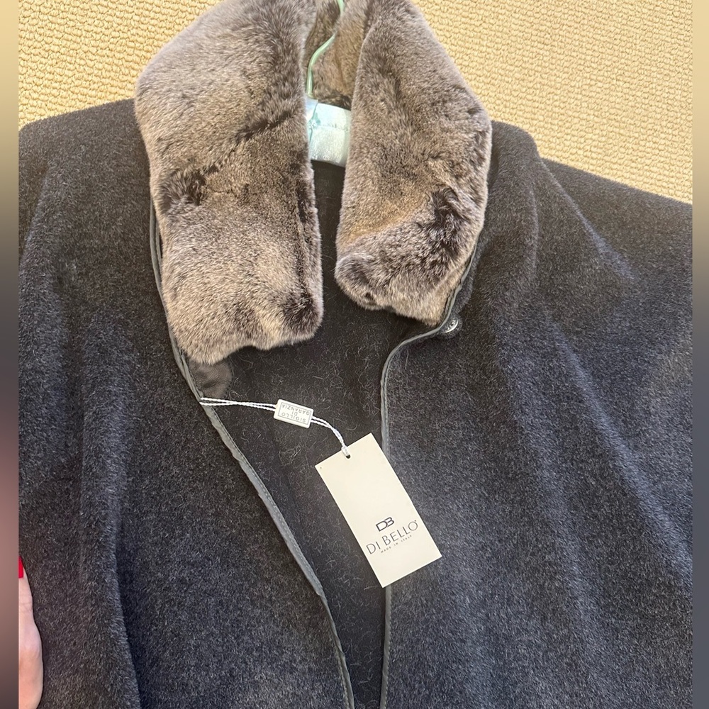 Italian Designer DiBello dark grey alpaca Cape with fur collar,button closure.